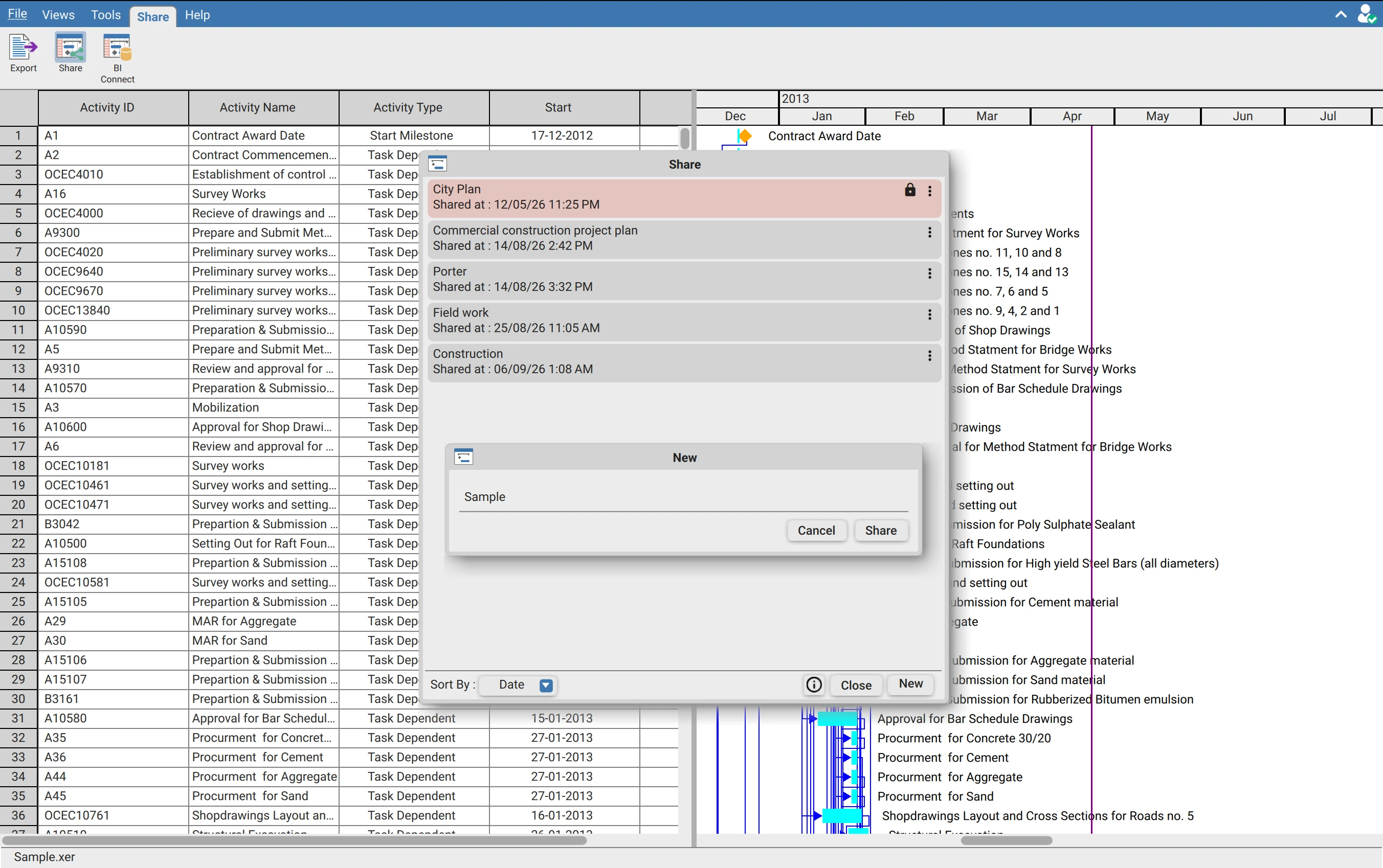 The Share dialog in XER Reader showing pre-shared schedules and the new sharing popup