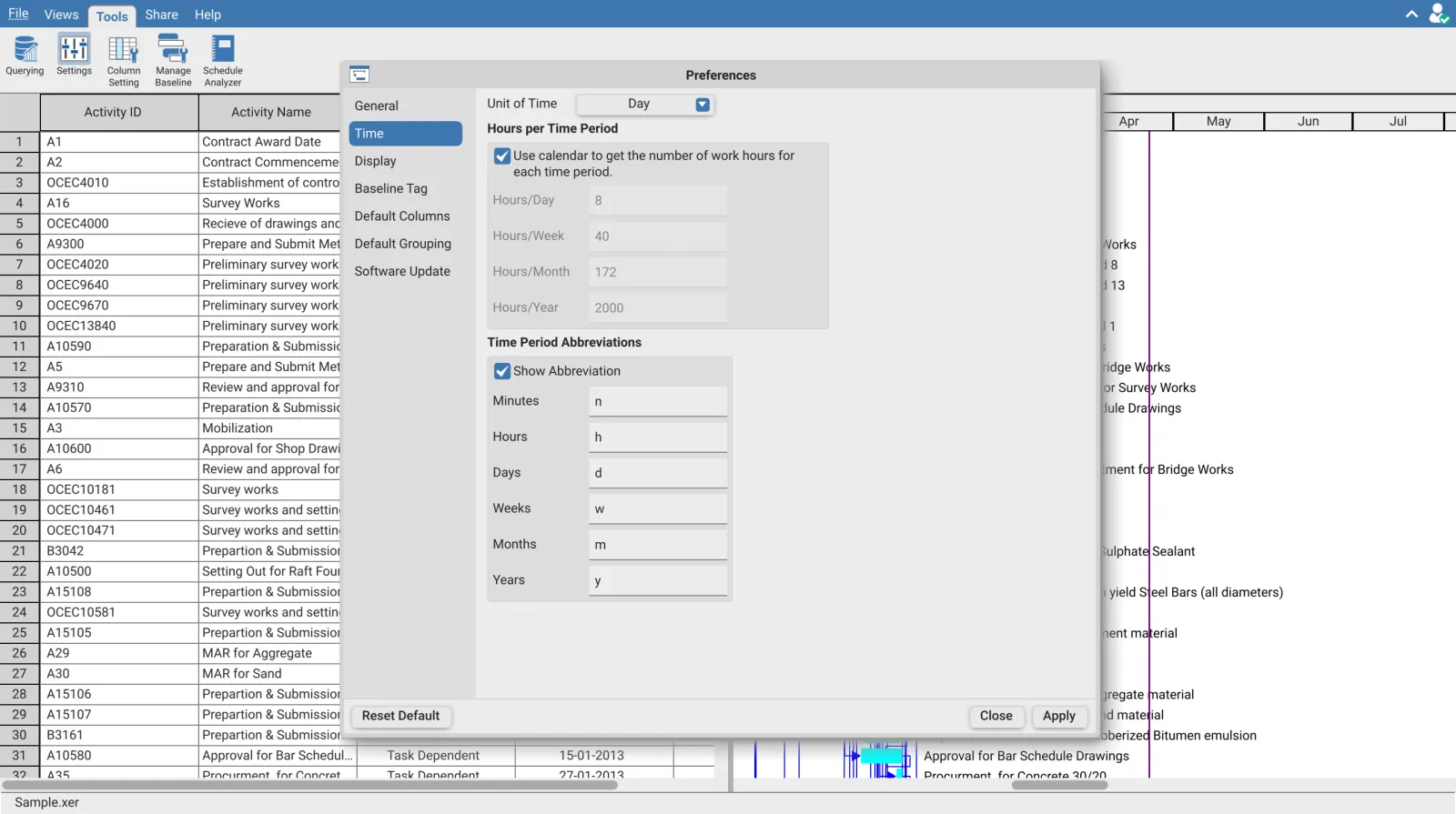 Time page of the Preferences dialog in XER Reader showing the Unit of Time selector, the Hours per Time Period group with the calendar checkbox ticked, and the six abbreviation fields