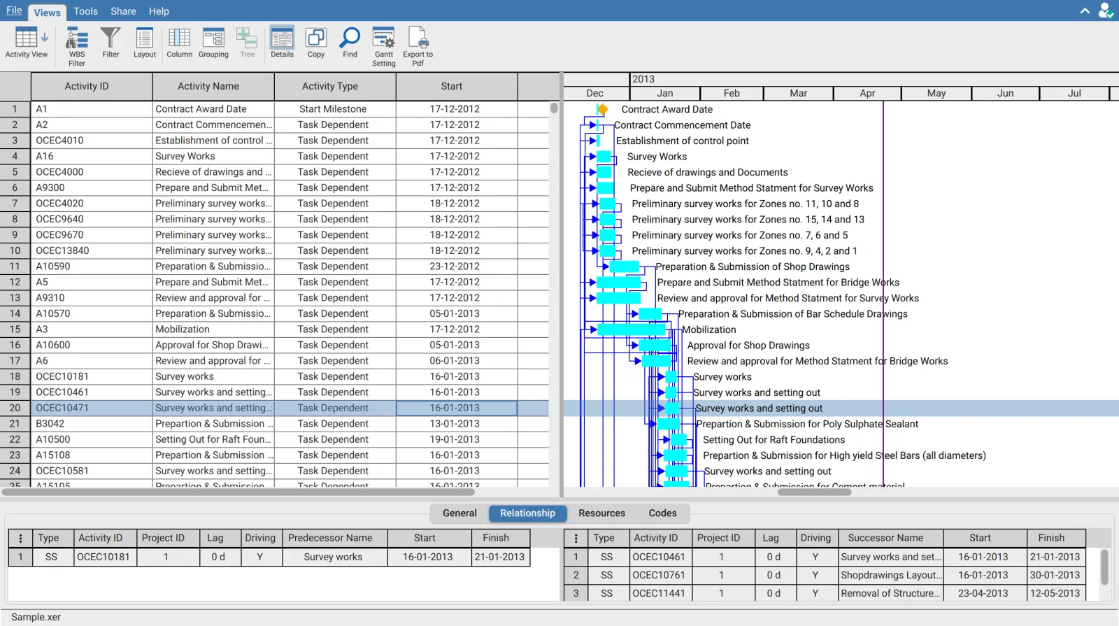 Relationship tab of the details panel in XER Reader showing predecessor and successor tables with Type, Activity ID, Lag and Driving columns