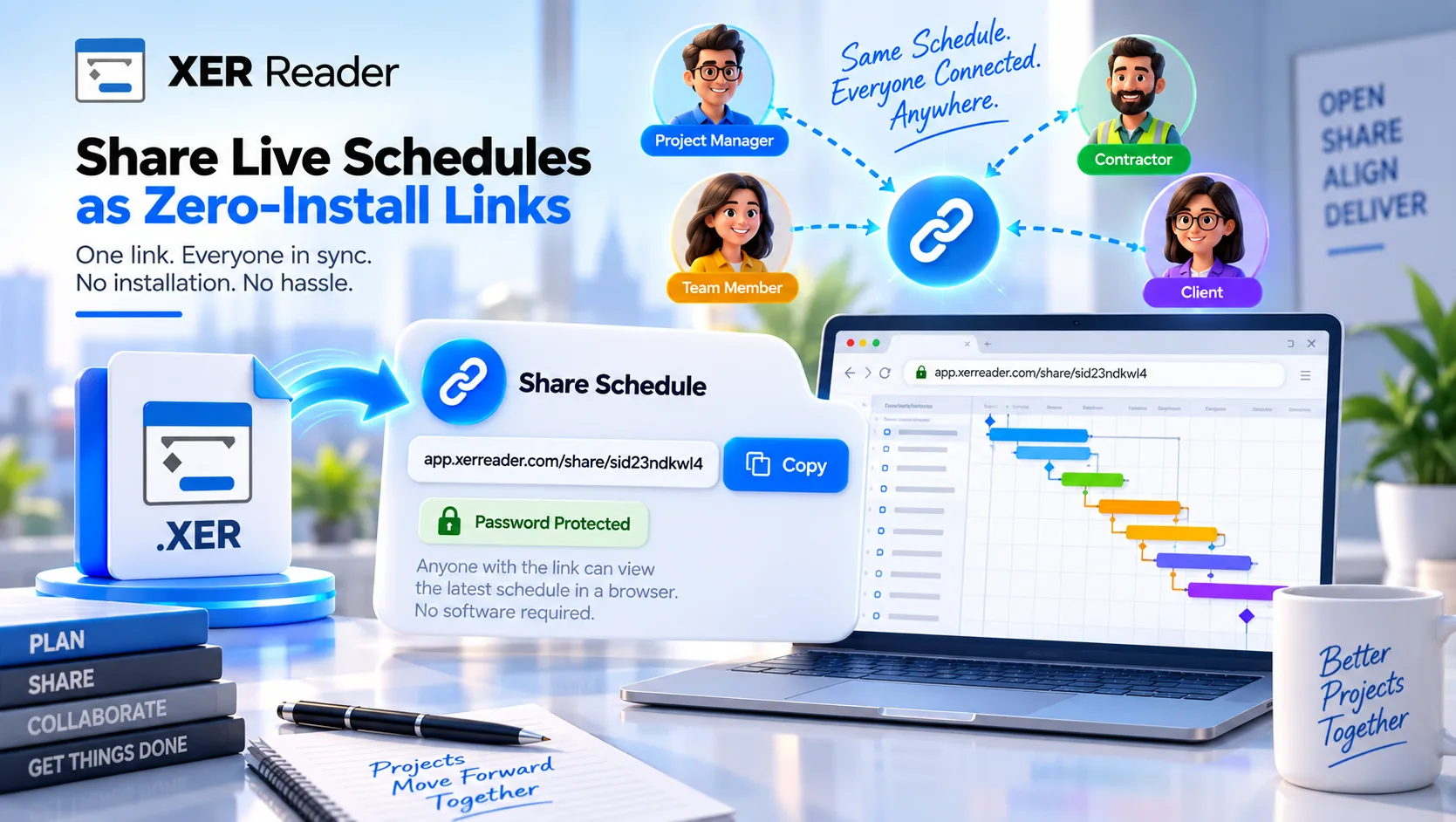 Share live schedules as zero install links that open in any browser, with optional password protection