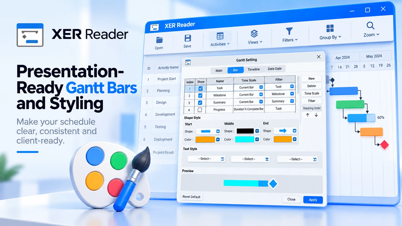 Build presentation ready Gantt bars with custom shapes, colours and styling