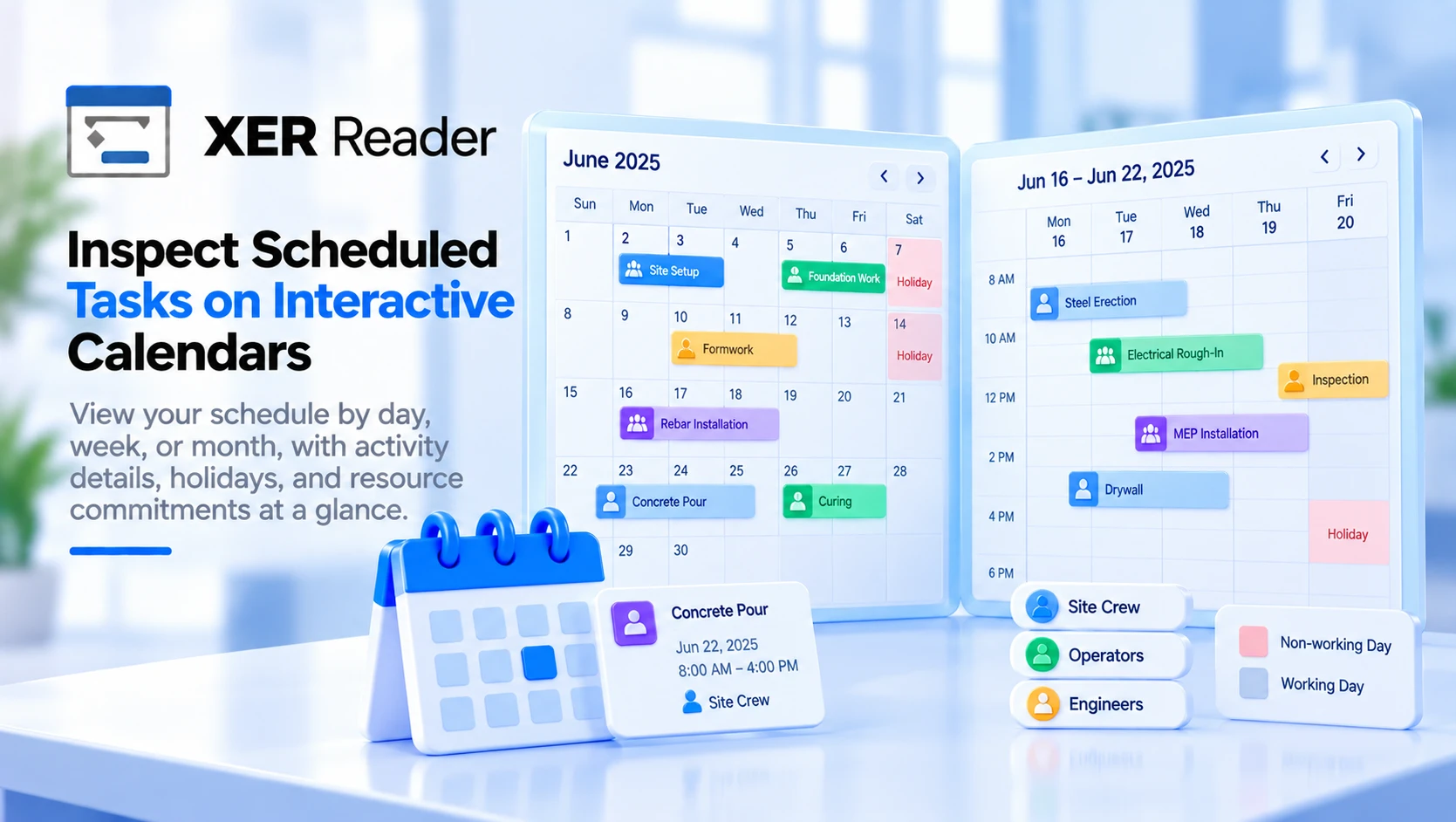Inspect scheduled tasks on interactive day, week and month calendars