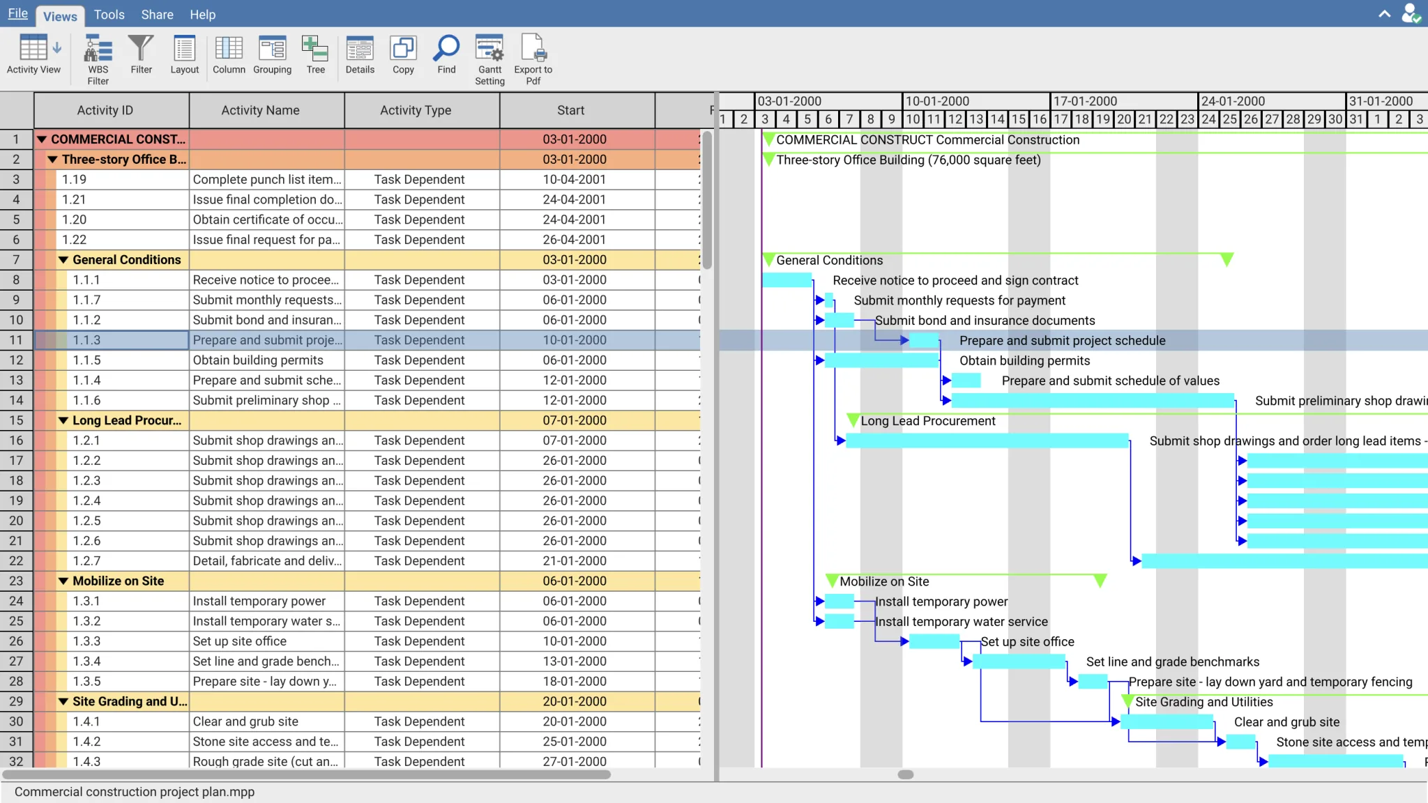 XER Reader interface showing Microsoft Project MPP schedule with interactive Gantt chart on macOS